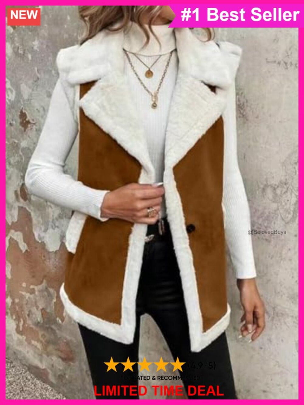 Suede Faux Fur Vest Sleeveless Fleece Lined Notch Lapel Casual Outerwear - Picture 2 of 5